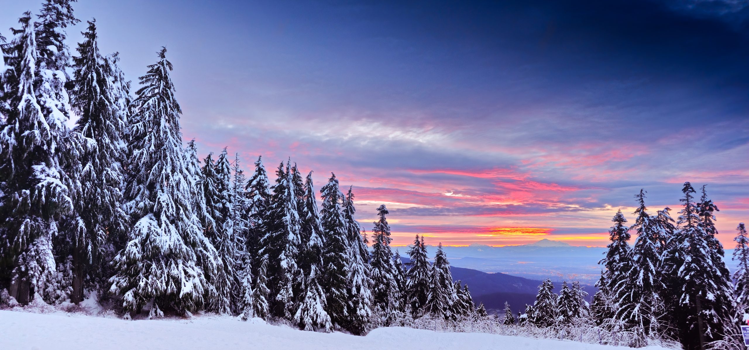 Snow covered slope on Mt Seymour with a pink and orange sky.
